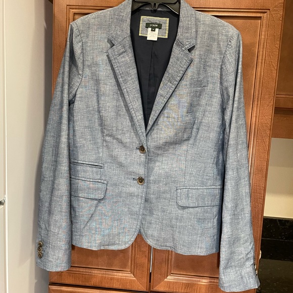 J CREW Blue Cotton Blazer Womens Sz10 lined 2 buttons Like New